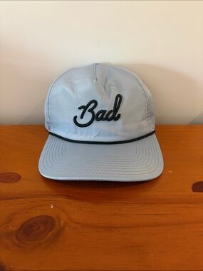Bad Birdie Pale Blue Hat with Black Script and Rope